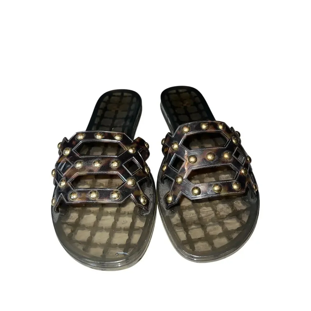 Vince Caputo Tortoiseshell Jelly Slide Sandals Studs Carron Gold Brown women's 7